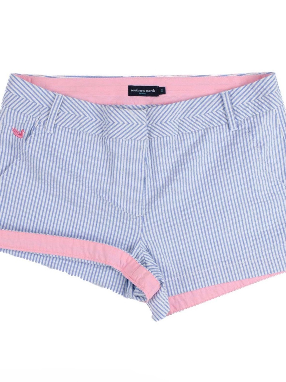 Southern Marsh Blue and White Striped Seersucker Shorts with Pink Trim